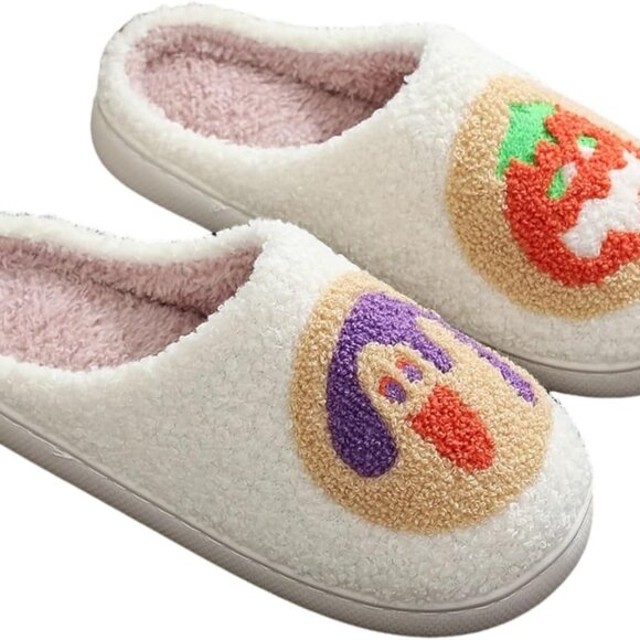 Women Men Plush Fluffy Soft Slippers Halloween Pumpkin Indoor Outdoor - Picture 1 of 6